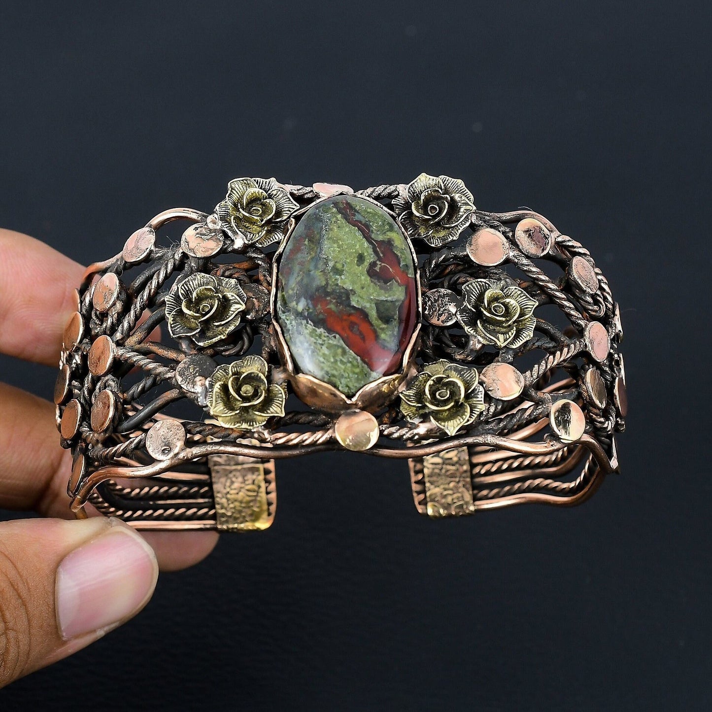 Green-Red Dragon Bloodstone Gemstone Copper Cuff Bracelet