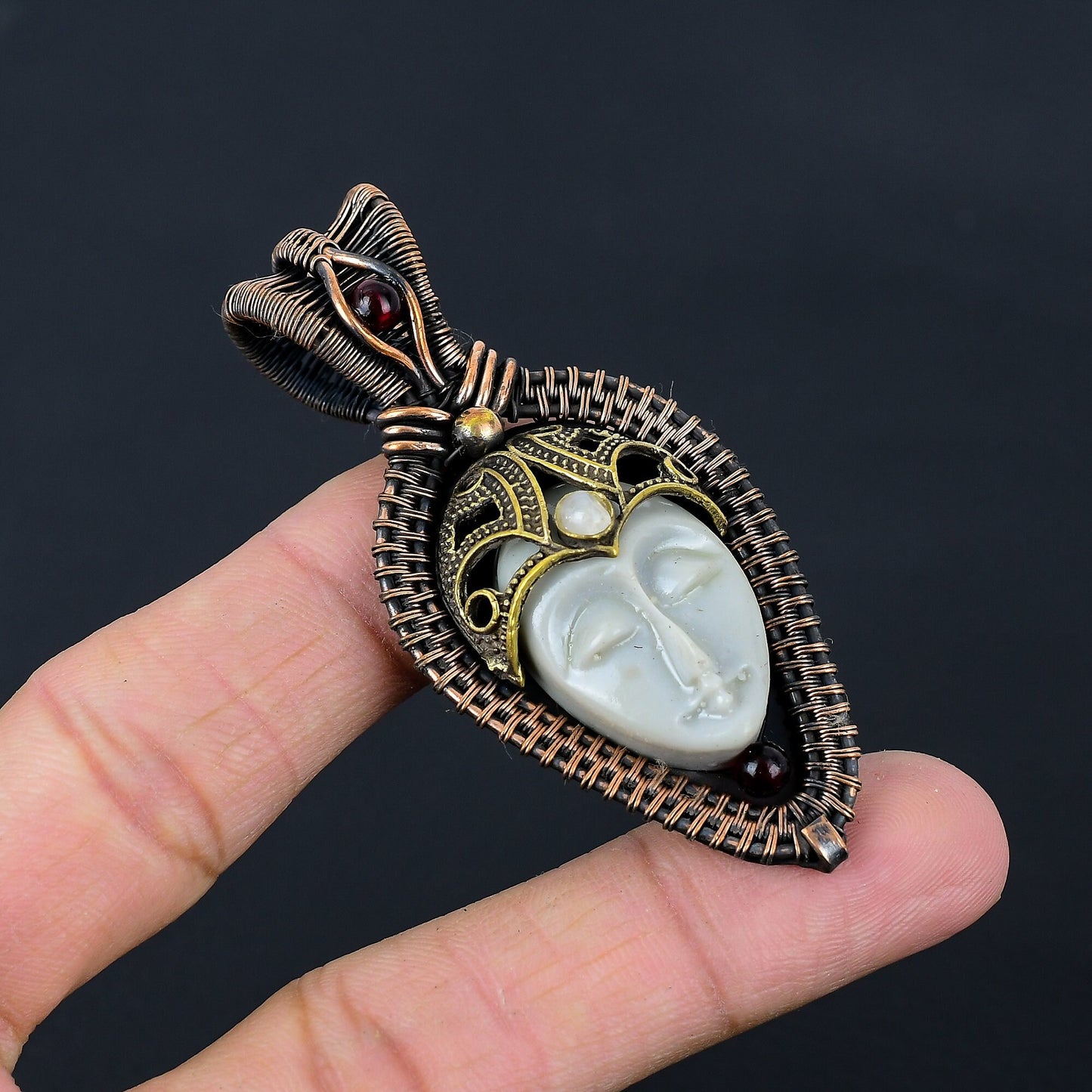 Grey Carved Bone Face Gemstone Pendant