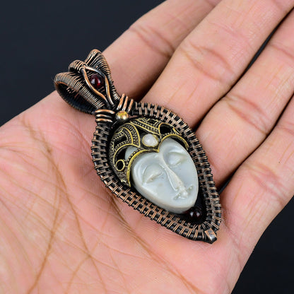 Grey Carved Bone Face Gemstone Pendant