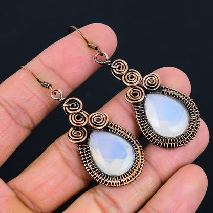 Milky White Opal Gemstone Copper Earrings