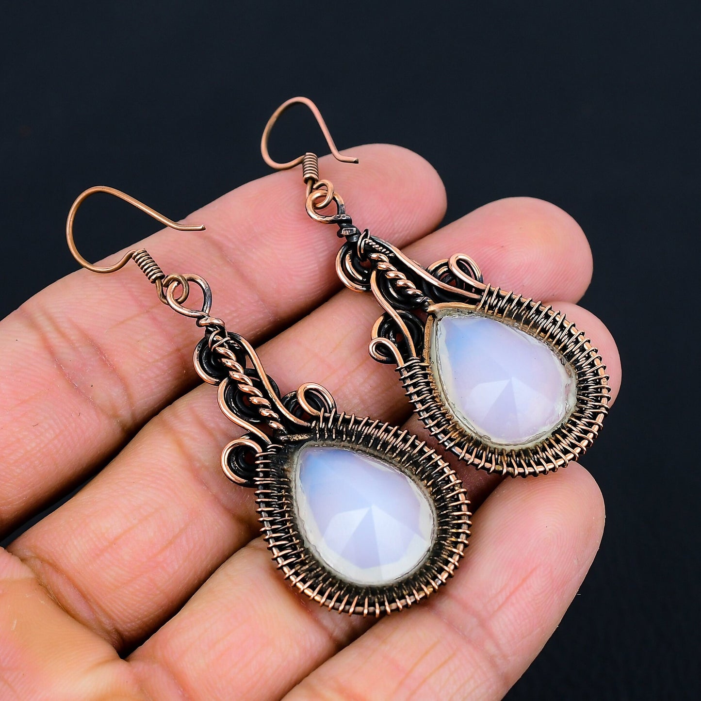 Milky White Opal Gemstone Copper Earrings