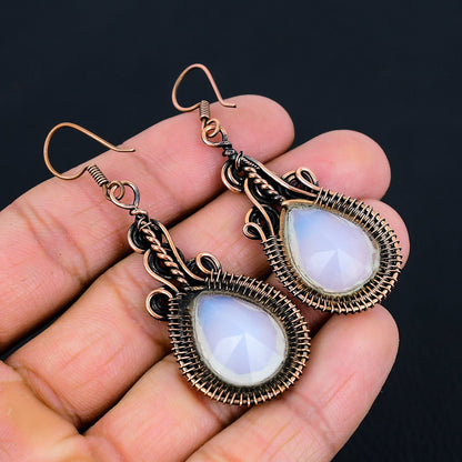 Milky White Opal Gemstone Copper Earrings