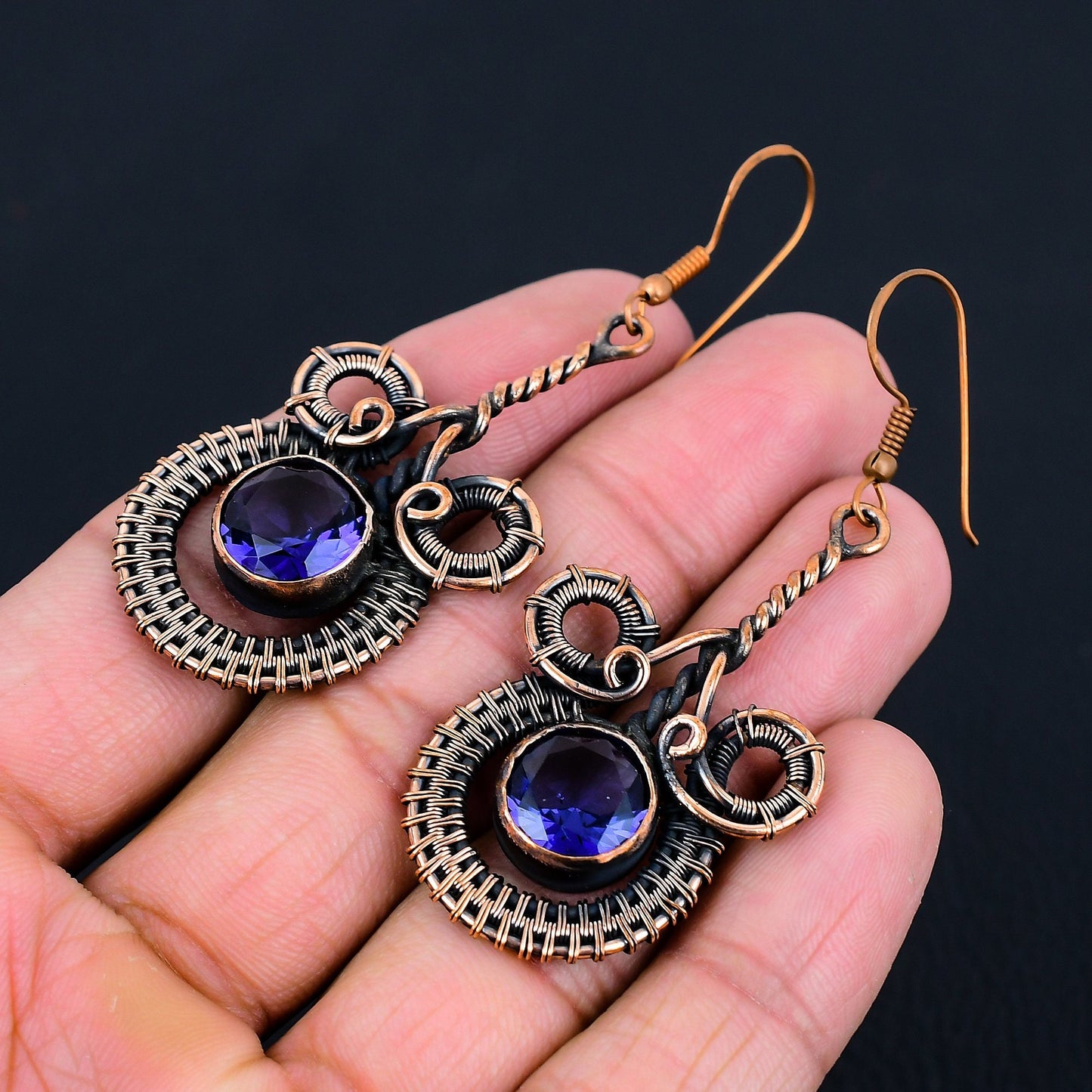 Purple Amethyst Gemstone Copper Dangle Earrings