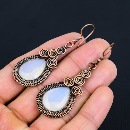 Milky White Opal Gemstone Copper Earrings