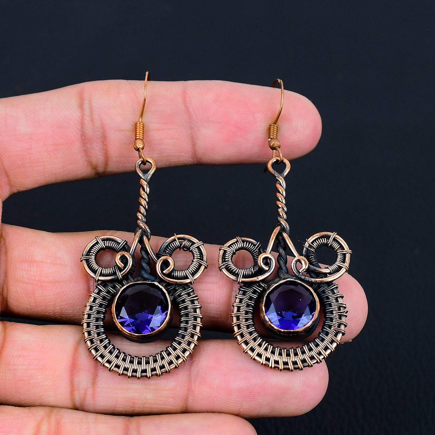 Purple Amethyst Gemstone Copper Dangle Earrings