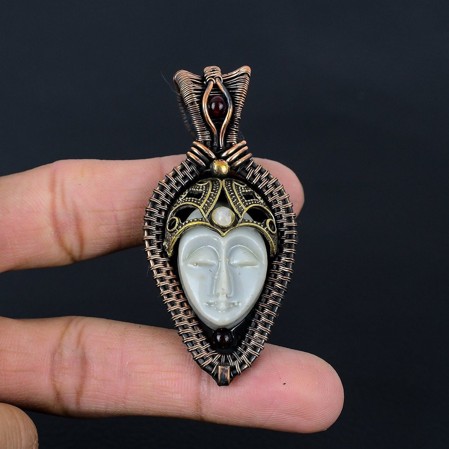 Grey Carved Bone Face Gemstone Pendant