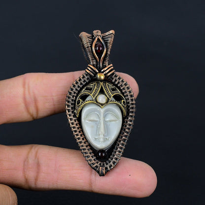 Grey Carved Bone Face Gemstone Pendant