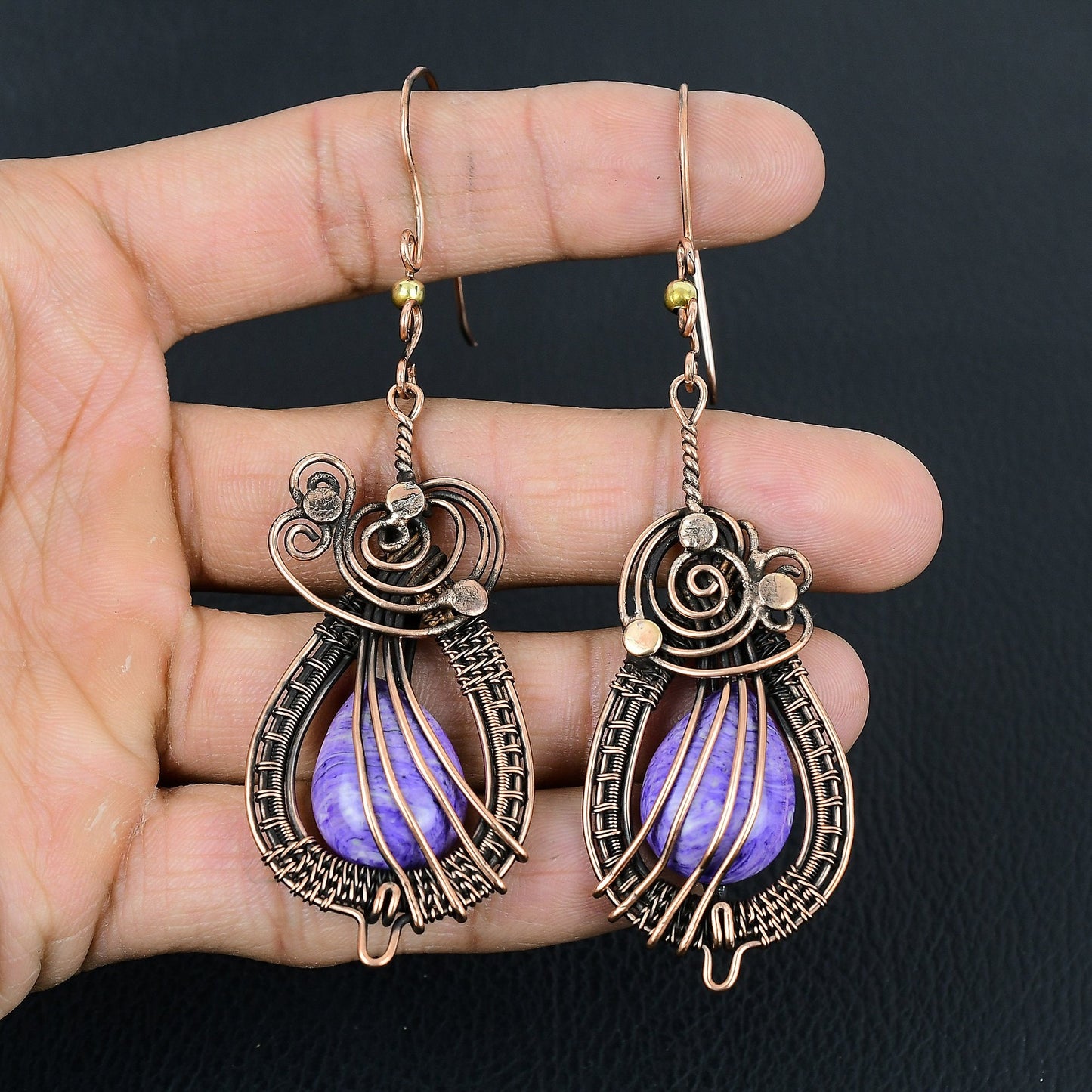 Purple Charoite Gemstone Copper Earrings