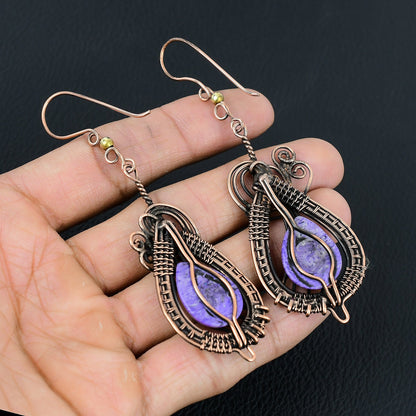 Purple Charoite Gemstone Copper Earrings