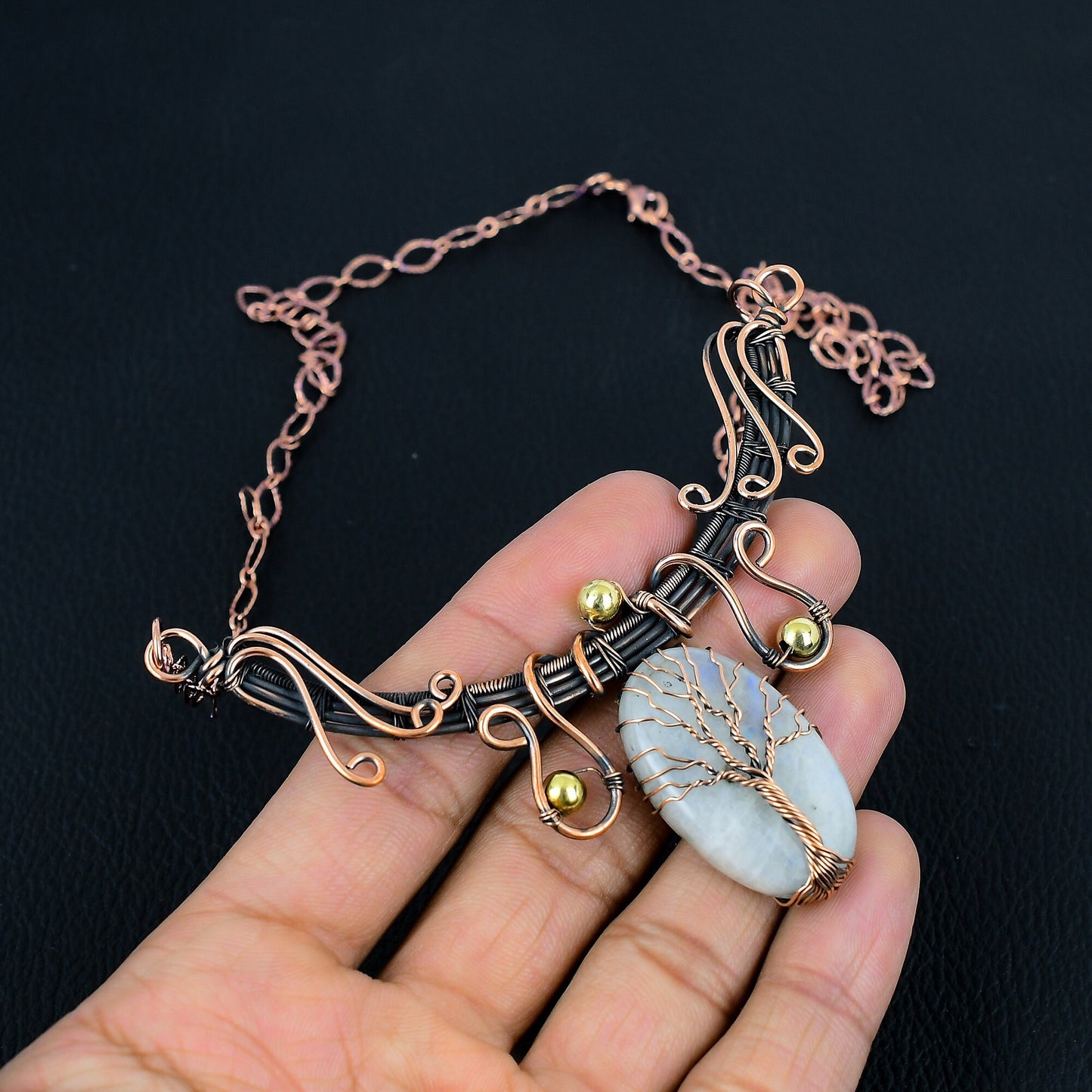 White Moonstone Gemstone Tree of Life Necklace
