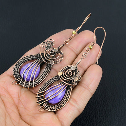 Purple Charoite Gemstone Copper Earrings