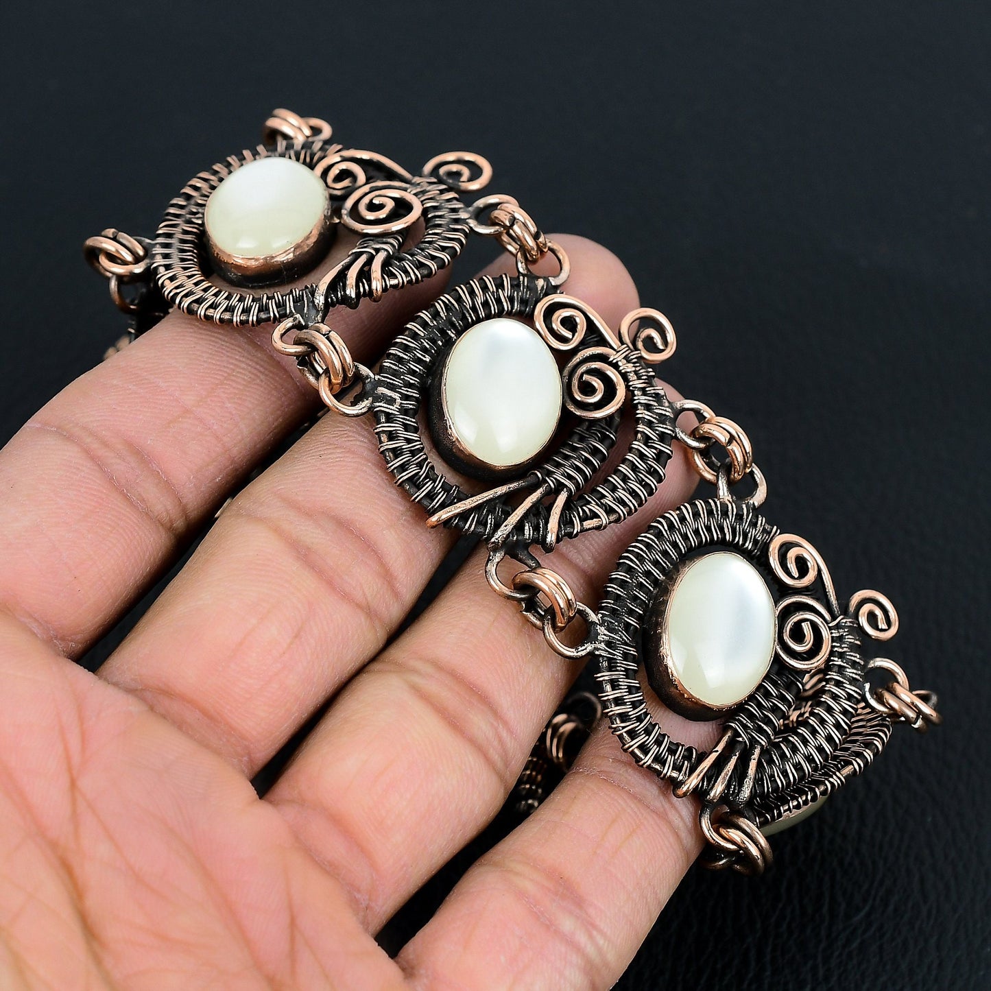 White Mother of Pearl Gemstone Wire Copper Bangle