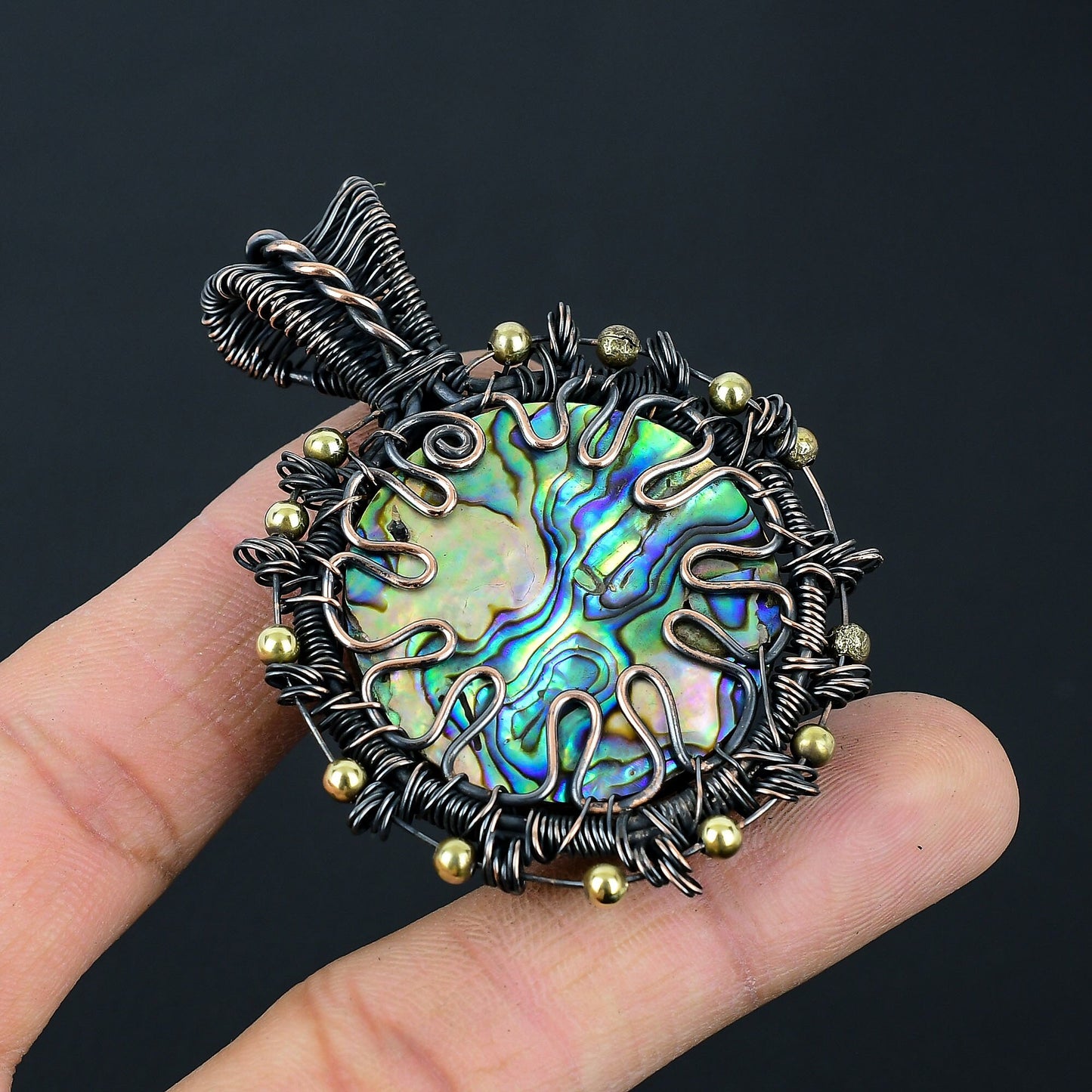 Iridescent Abalone Gemstone Copper Wrapped Pendant