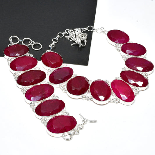 Kashmir Ruby Sterling Silver Necklace & Bracelet Set