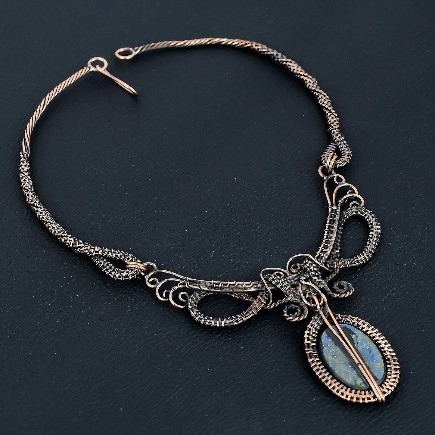 Lapis Lazuli Blue Gemstone Copper Wire-Wrap Necklace