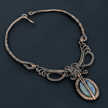 Lapis Lazuli Blue Gemstone Copper Wire-Wrap Necklace