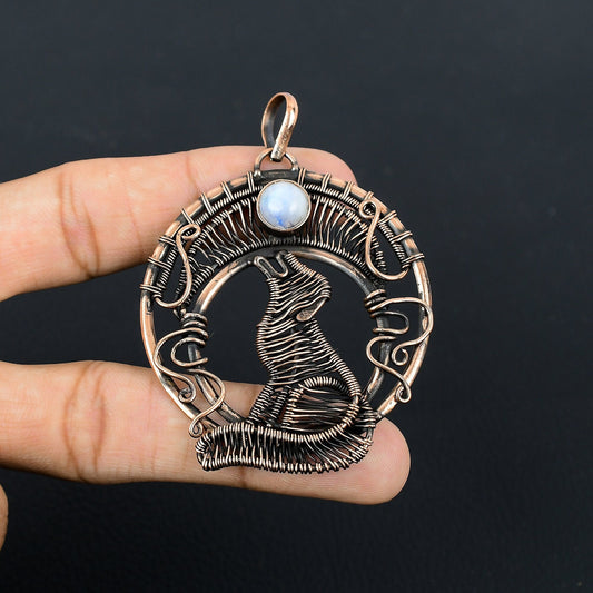 White Moonstone Gemstone Wolf Pendant