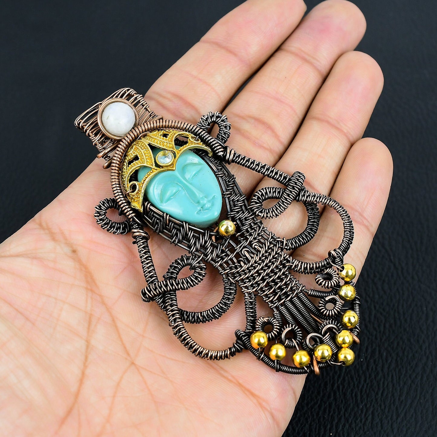 Sea Green Carved Bone Lady Face Gemstone Pendant