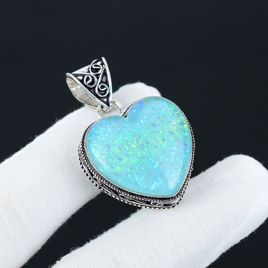 Blue Fire Opal Gemstone Heart Pendant