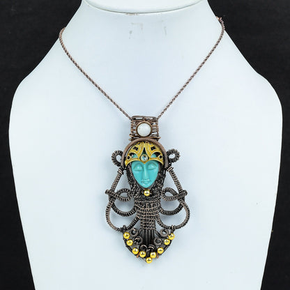 Sea Green Carved Bone Lady Face Gemstone Pendant
