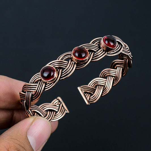 Red Garnet Gemstone Copper Wire Cuff Bracelet
