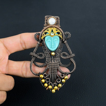 Sea Green Carved Bone Lady Face Gemstone Pendant