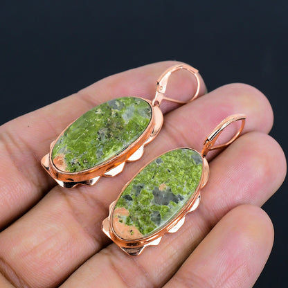 Green-Pink Unakite Gemstone Copper Earrings