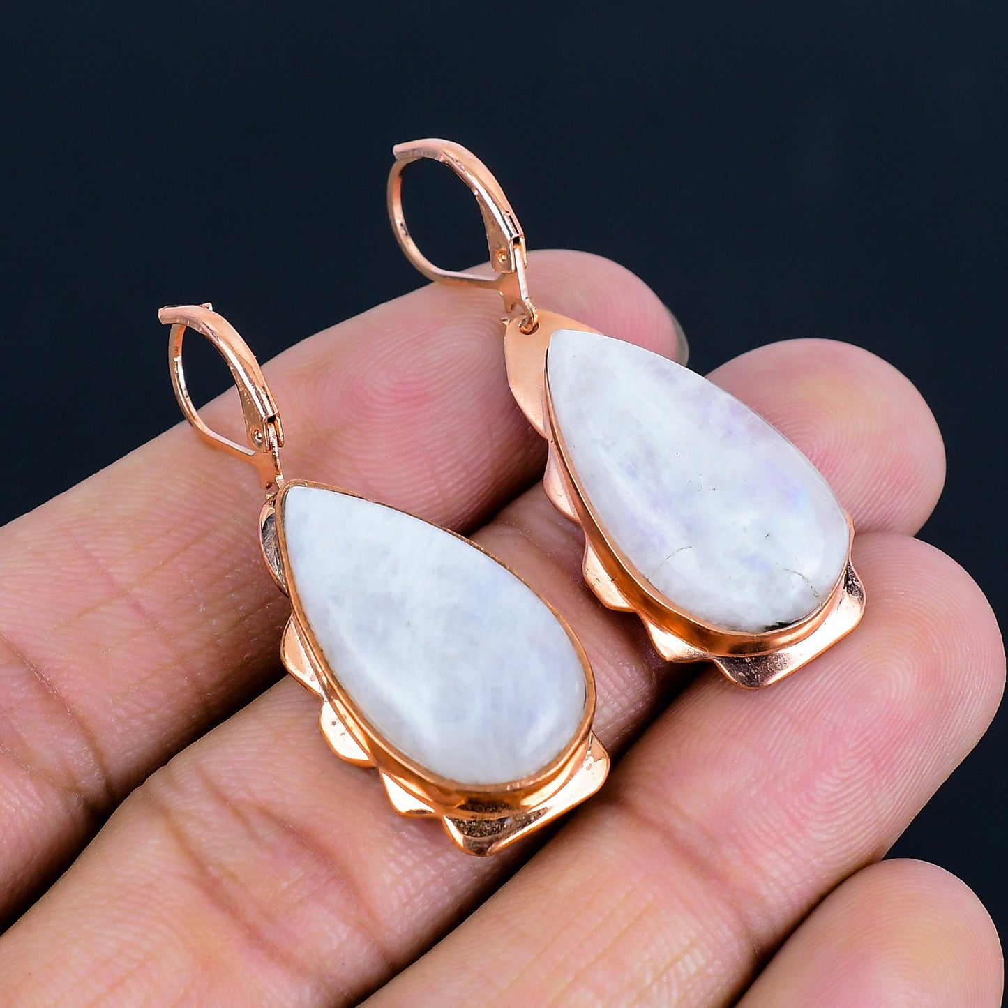 Rainbow Moonstone Gemstone Copper Earrings