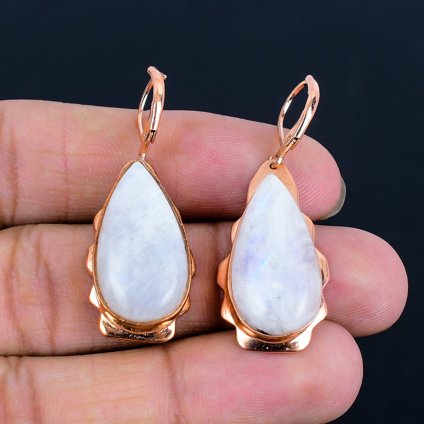 Rainbow Moonstone Gemstone Copper Earrings