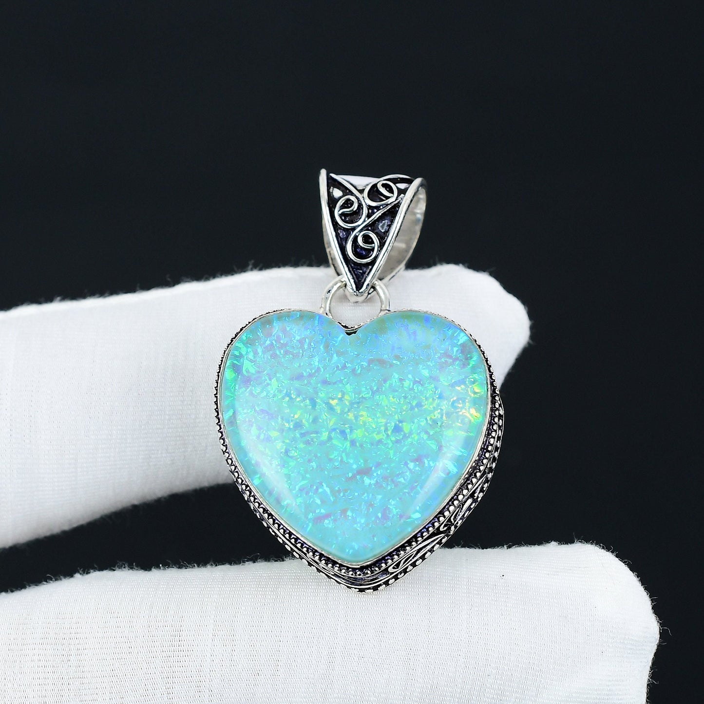 Blue Fire Opal Gemstone Heart Pendant