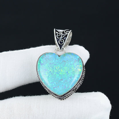 Blue Fire Opal Gemstone Heart Pendant