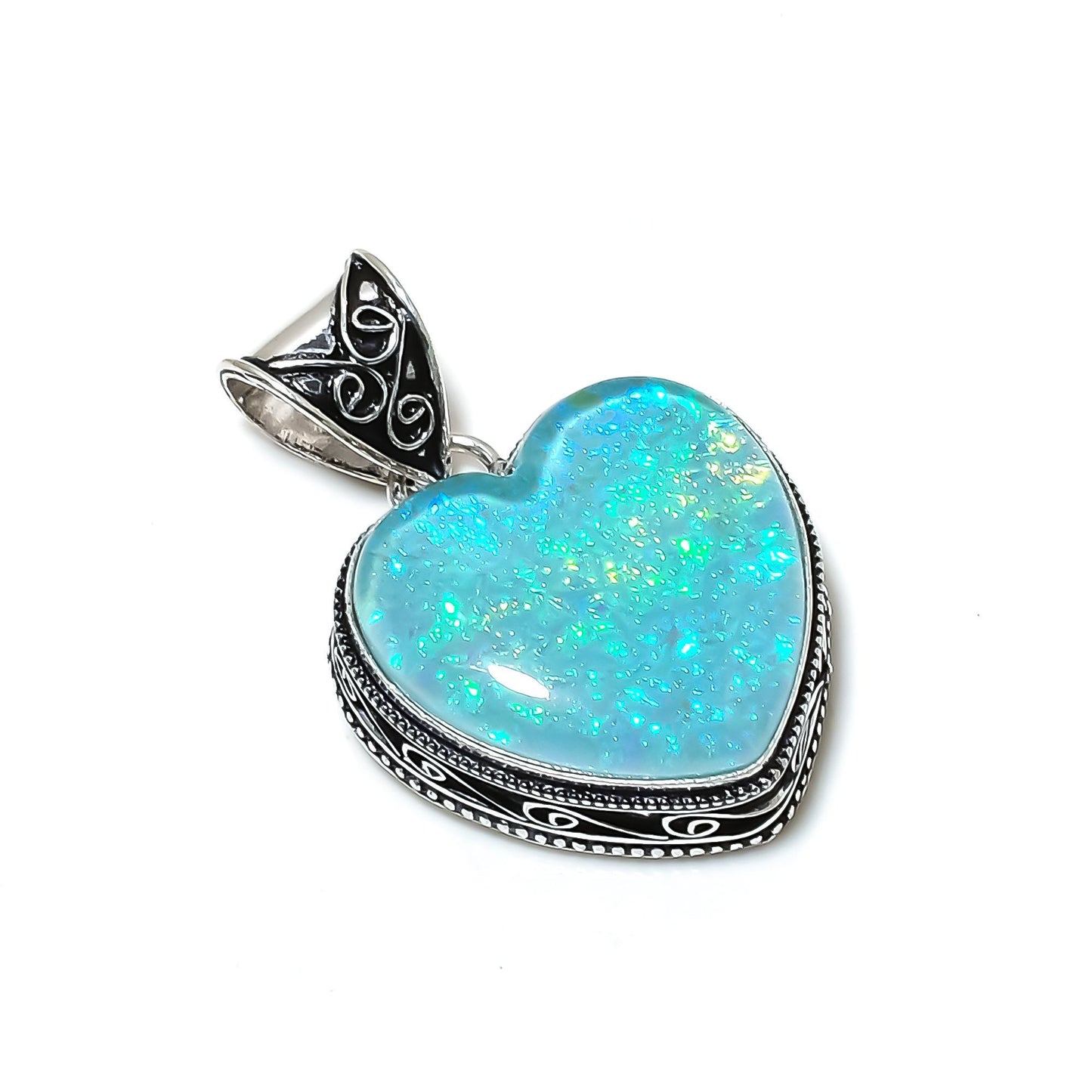 Blue Fire Opal Gemstone Heart Pendant