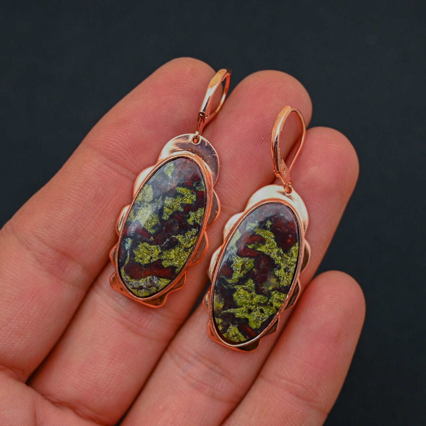 Green Red Dragon Bloodstone Gemstone Earrings
