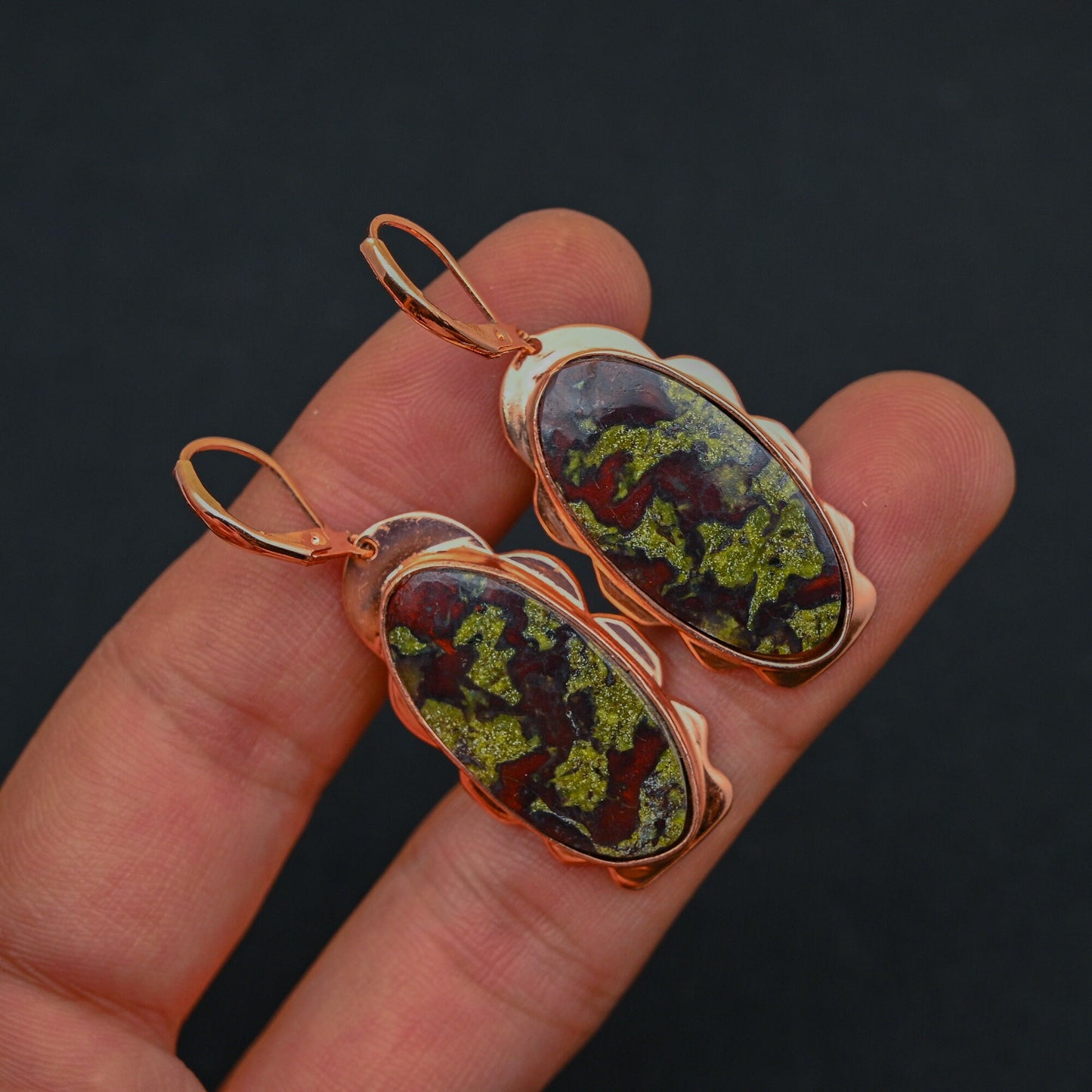 Green Red Dragon Bloodstone Gemstone Earrings