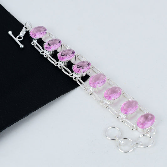 Pink Kunzite Gemstone Sterling Silver Bracelet