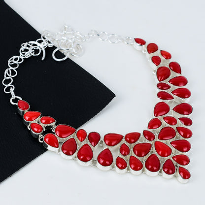 Red Coral Gemstone Silver Necklace