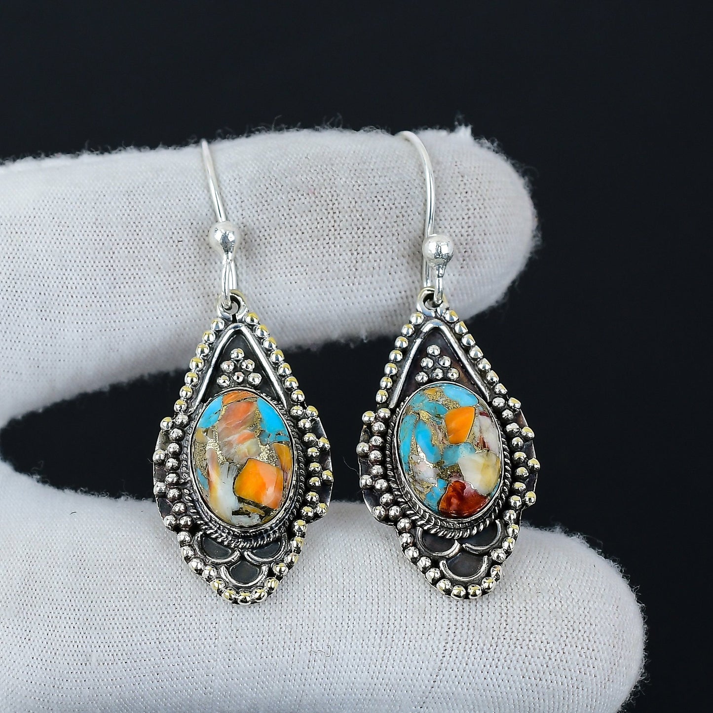 Orange Spiny Oyster Gemstone Earrings