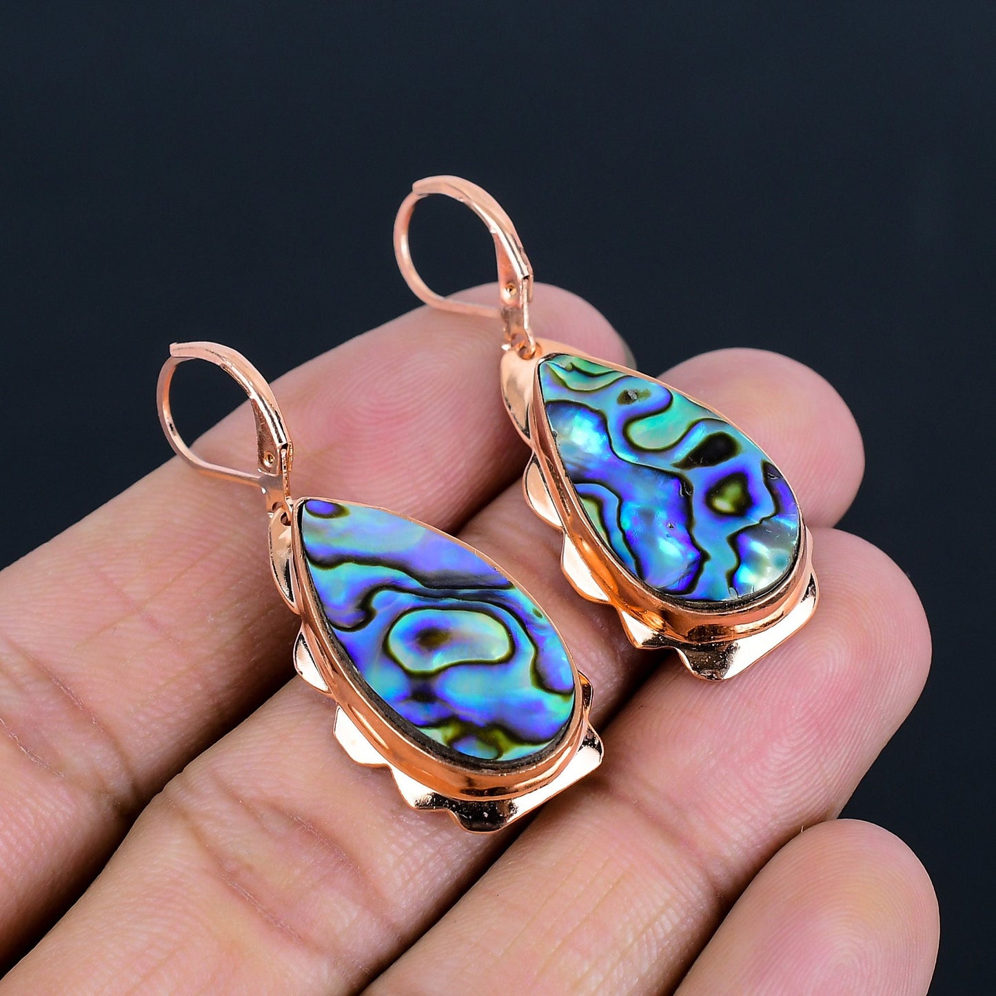 Iridescent Green Abalone Gemstone Copper Earrings