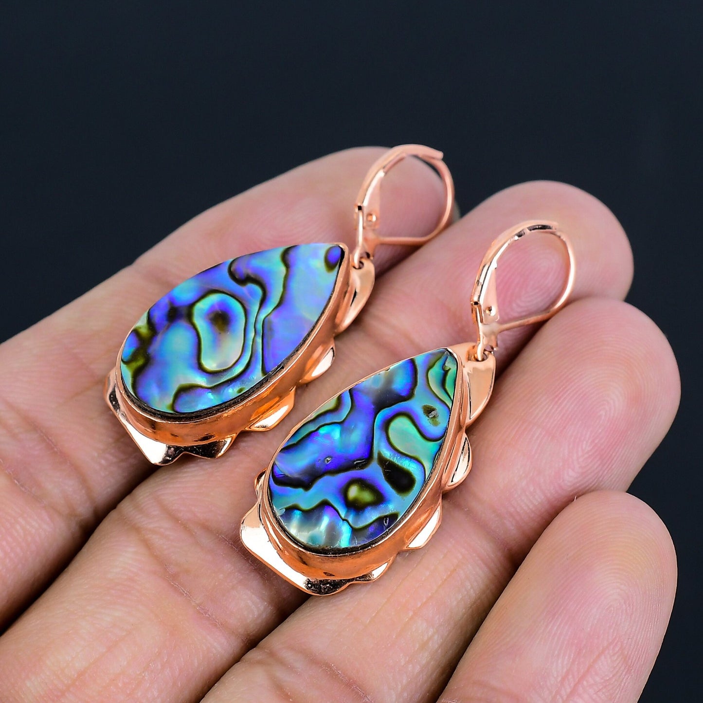 Iridescent Green Abalone Gemstone Copper Earrings