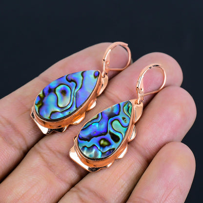 Iridescent Green Abalone Gemstone Copper Earrings