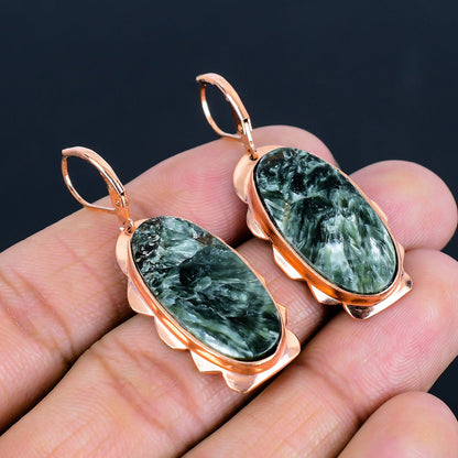 Green Seraphinite Gemstone Copper Leverback Earrings
