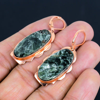 Green Seraphinite Gemstone Copper Leverback Earrings