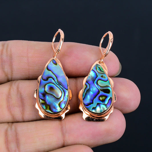 Iridescent Green Abalone Gemstone Copper Earrings