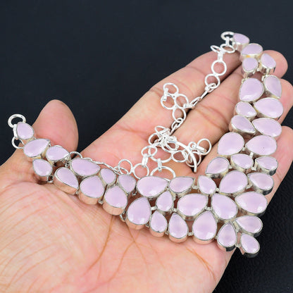 Pink Rose Quartz & Blue Sapphire Sterling Silver Necklace