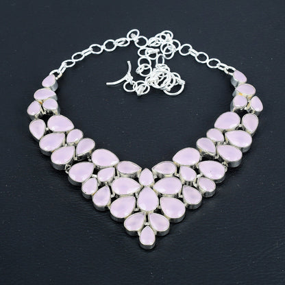 Pink Rose Quartz & Blue Sapphire Sterling Silver Necklace