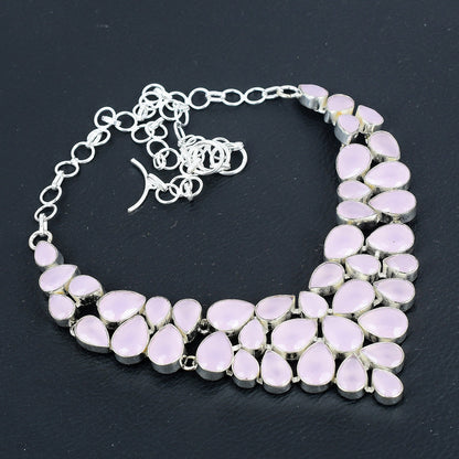 Pink Rose Quartz & Blue Sapphire Sterling Silver Necklace