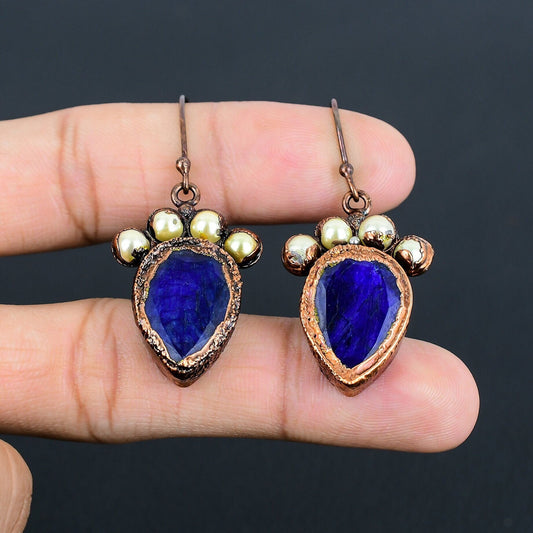 Blue Sapphire & Pearl Gemstone Earrings