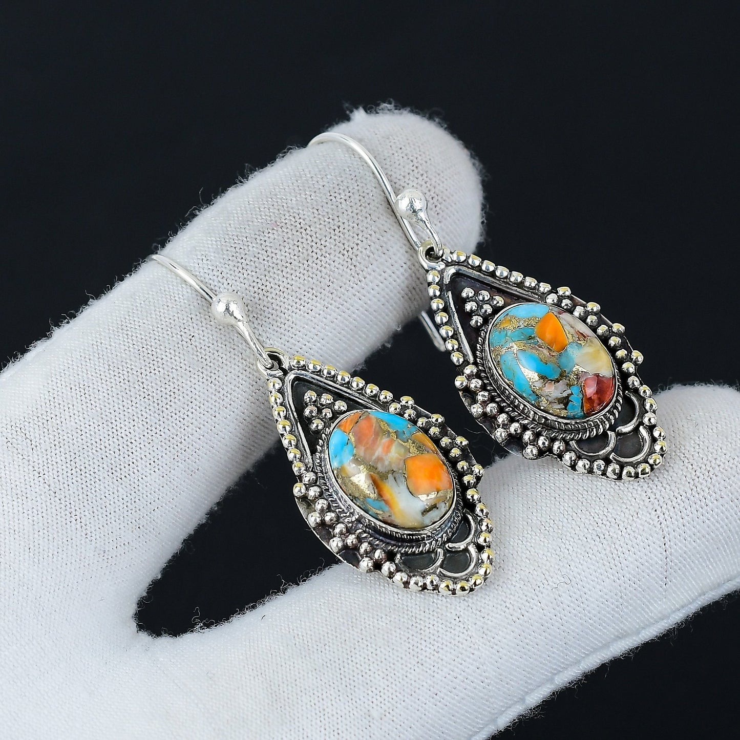 Orange Spiny Oyster Gemstone Earrings