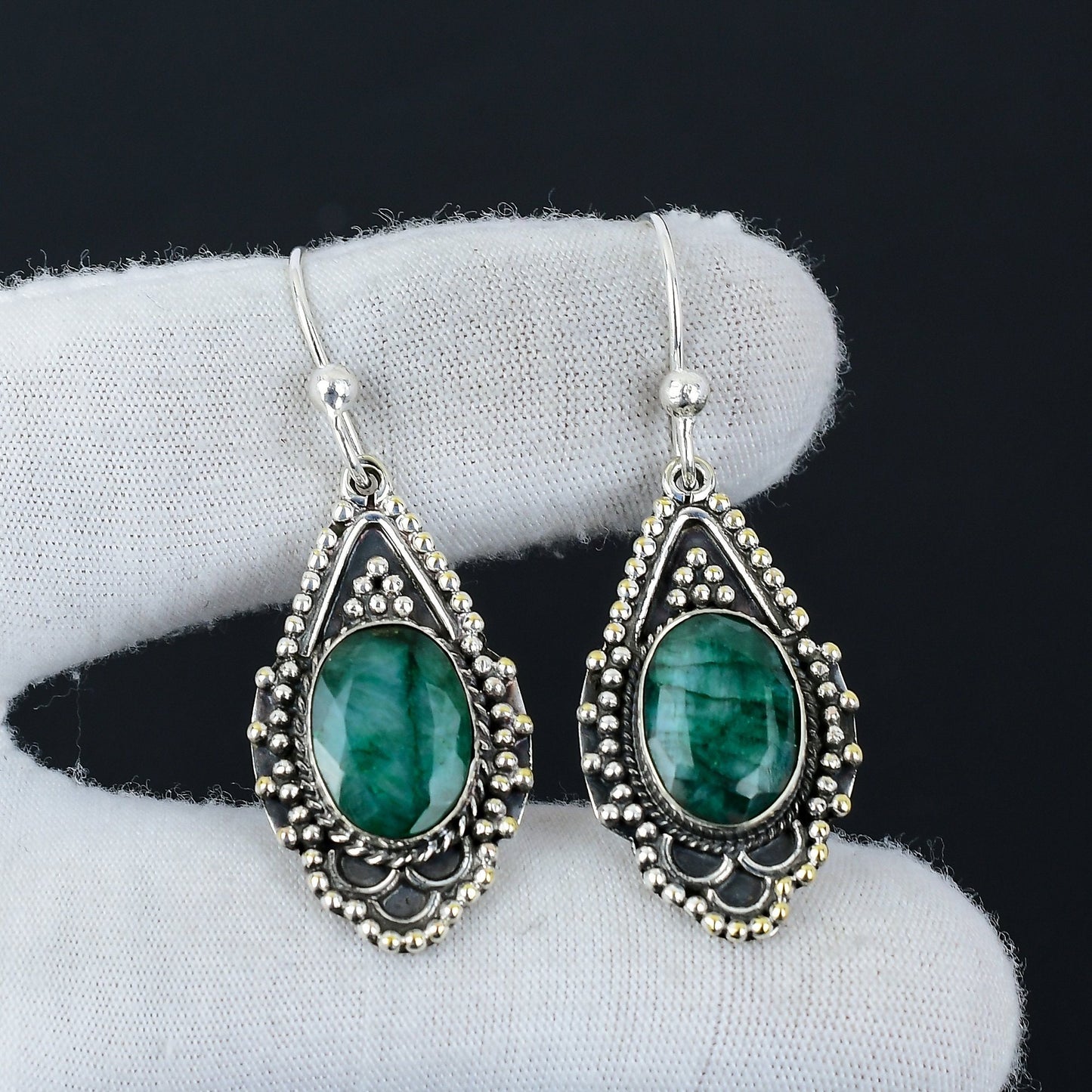 Emerald Gemstone Sterling Silver Earrings