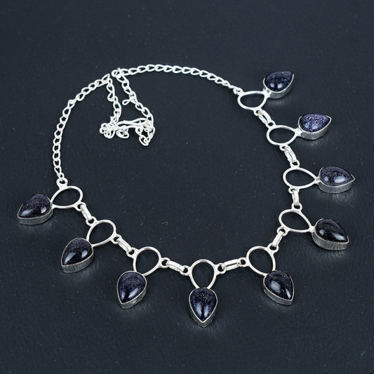 Blue Sunstone Dainty Sterling Silver Necklace